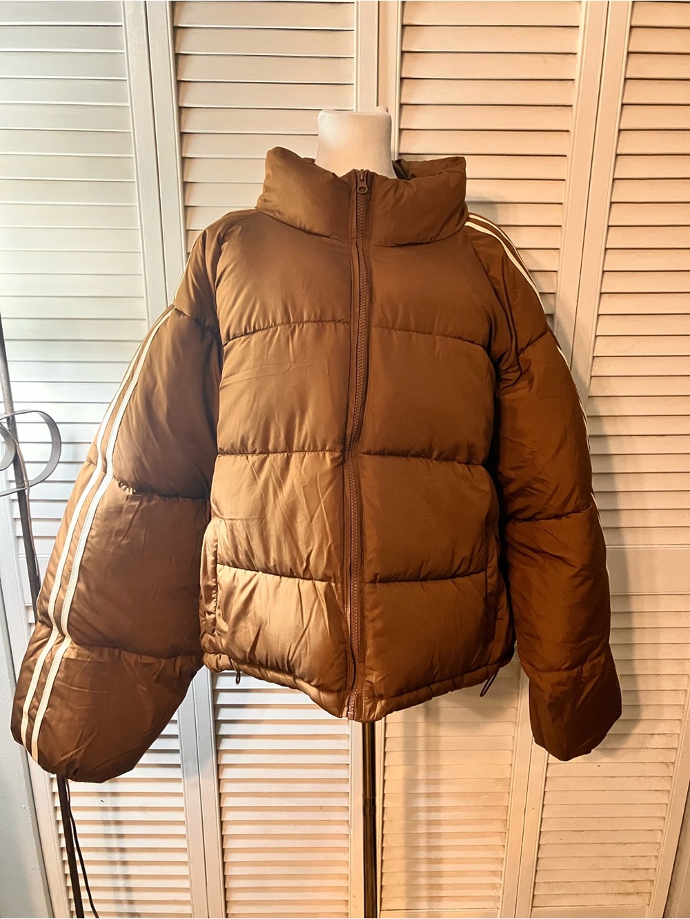 Women’s Brown Puffer Jacket with Stripe Sleeve Detail